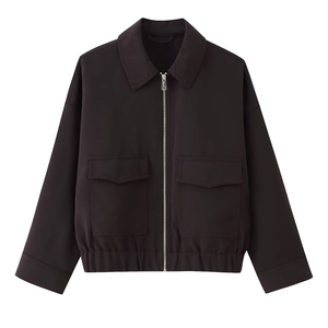 Women Long Sleeve Zipper Jacket Polyester Solid Color Loose Fit Lapel Short Coat Casual Streetwear Outerwear