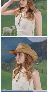 Detail of breathable woven straw cowboy hat with chin strap and adjustable bead