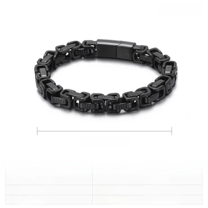 Detail view of 8mm wide black stainless steel link chain bracelet with product dimensions