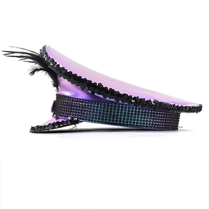 Detailed side view of purple metallic captain hat with sequins, rhinestones and black feathers