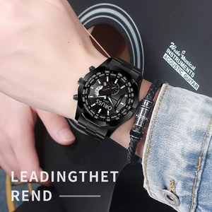 Detailed view of ORUS men's watch with black metal strap worn in a lifestyle guitar setting