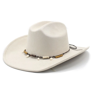 Beige faux suede western cowboy hat with decorative wooden beads and shell accents