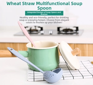Macro detail of 2-in-1 wheat straw soup ladle and strainer with hanging hole