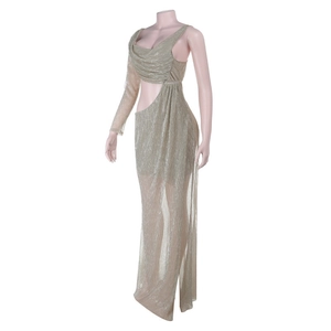 Detail of shimmering gold metallic fabric with waist cutout and ruched neckline