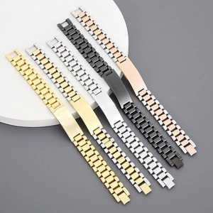 Detailed display of stainless steel watch band bracelets in five polished metal finishes