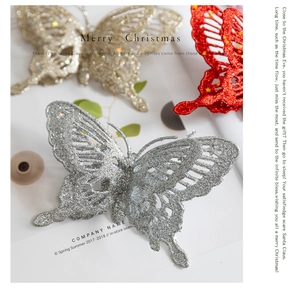 Close-up of glittery hollow butterfly ornaments in silver and gold for Christmas trees