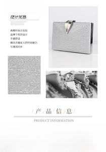 Detailed size chart and multi-view of silver mesh leaf dinner clutch, 19.2x13.5x5cm