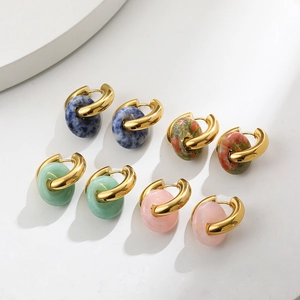 18K gold plated stainless steel hoop earrings with natural stone donut charms set