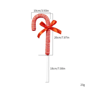 Red and white striped Christmas candy cane decor with orange ribbon and size dimensions