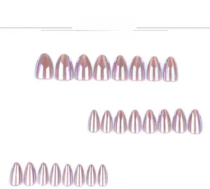 Detail view of almond shape aurora cat-eye fake nails with rose gold chrome finish