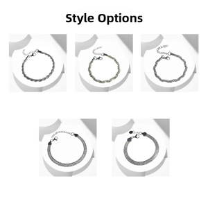 Selection of woven mesh titanium steel bracelets with minimalist silver-tone finishes