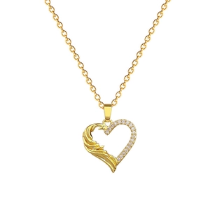 Luxurious gold titanium heart necklace with phoenix wing detail and sparkling crystals