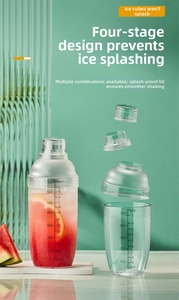 Exploded view of a 700cc transparent plastic cocktail shaker with four-part disassembly
