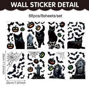 Detail view of 8-sheet Halloween window stickers with black cat, pumpkin, and bat designs