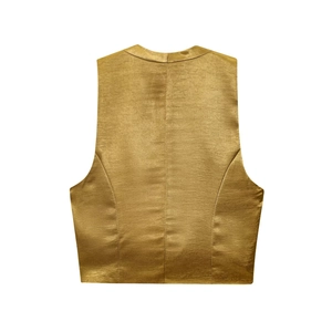 Elegant gold satin vest with metallic luster and gold button details on white background