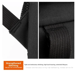 Detailed close-up of reinforced stitching and durable seam work on the black outdoor backpack