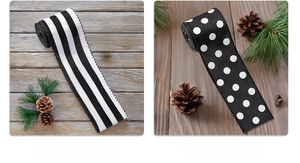 Close-up of black and white striped and polka dot ribbons on a rustic wooden background