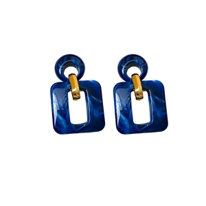 Minimalist navy blue marble resin geometric earrings with gold metal accents