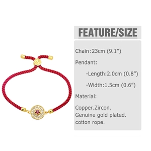 Detail of a red braided couple bracelet with a zircon star pendant and size metrics