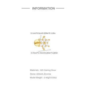Detail view of gold S925 sterling silver flower earring with AAAAA zirconia dimensions