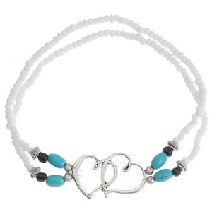 Tobillera bohemia de doble capa con cuentas blancas, turquesas y corazones de plata