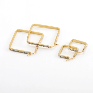 Square Hoop Earrings Stainless Steel Gold Plated Rhinestone Geometric Modern Trendy Jewelry For Women