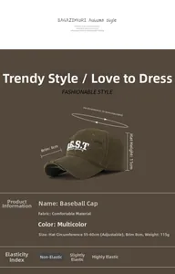 Detail of washed olive baseball cap with G.S.T embroidery and 8cm brim dimensions