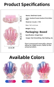Detailed view of shell-shaped hairbrushes with dimensions and colorful glitter sand design