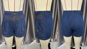Detailansicht der High-Waist-Jeansshorts mit Ziernähten und metallischen Knöpfen