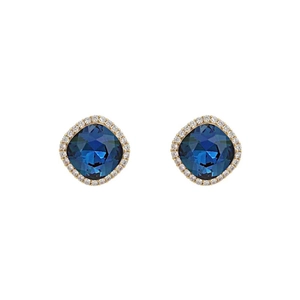 Vintage silver needle earrings with deep blue square crystal and gold-plated diamond halo