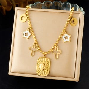 Stainless Steel Necklace Gold Plated Vintage Sun Moon Star Cross Pendants Bead Chain Jewelry For Women