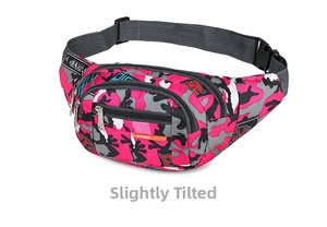 Detail view of pink camouflage waist bag with multi-zipper pockets and adjustable strap