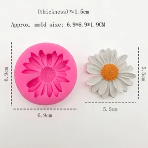 Daisy flower silicone mold and finished chocolate cake decoration shown in a top-down view