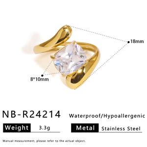 Detail of 18K gold-plated stainless steel ring with 8*10mm square zircon gemstone