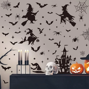 Adesivi murali di Halloween con strega, pipistrelli e sagome di castelli per decorazioni
