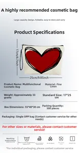 Detail of linen makeup bag with red heart print showing 25x17cm dimensions and zip
