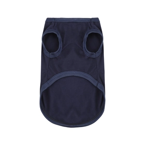 Detail of navy blue cotton pet vest featuring breathable knit texture and sleeve openings