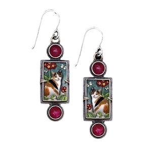 Boucles d'oreilles chat vintage avec gemmes rouges et émail floral en argent rétro