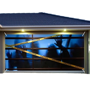 Halloween garage door banner with spooky silhouettes and yellow Caution tape design