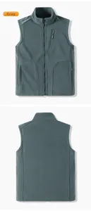Front and back views of a grey fleece vest with outdoor sport print and zip pockets