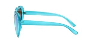 Close-up of cyan heart-shaped frame and temple detail with E2117 model specifications