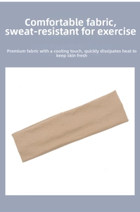 Detail showing breathable khaki athletic headband with moisture wicking fabric for yoga