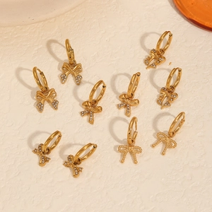 Bowknot Anhänger Creolen 18K Vergoldeter Edelstahl Zirkonia Eingelegt Eleganter Ins Stil Schmuck Für Damen