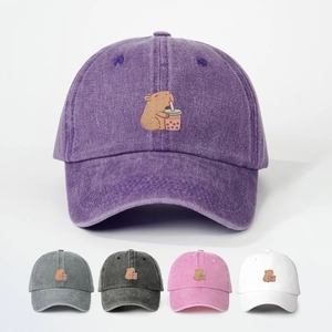 Washed Cotton Baseball Cap Vintage Adjustable Denim Hat Cartoon Capybara Drinking Milk Tea Graphic For Women Men