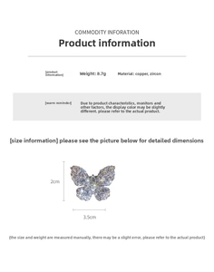 Macro detail of butterfly brooch showing dimensions 3.5x2cm and zirconia stones