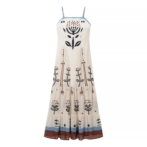 Detail of bohemian floral print maxi dress with tiered skirt and light airy mesh fabric