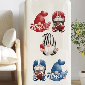 Christmas football gnome stickers showing five diverse sports styles on a white refrigerator