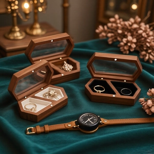 Portable hexagonal walnut wood jewelry box with glass lid for rings and necklaces