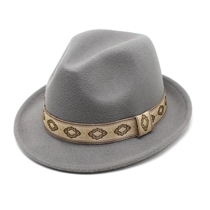 Detailed view of dark grey wool fedora hat with a vintage geometric jacquard ribbon band