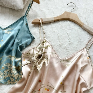 Floral ice silk sleepwear set with satin camisole and shorts in mint and champagne colors